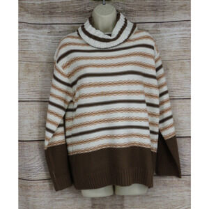 Very J Womens Knit Turtleneck Striped Oversized Sweater Sz Small Ivory Brown